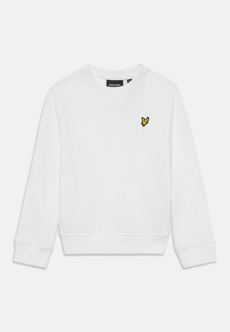 Maglione bianco realizzato in tessuto morbido, con collo rotondo e maniche lunghe, dotato di un piccolo logo ricamato nero e giallo sul petto.