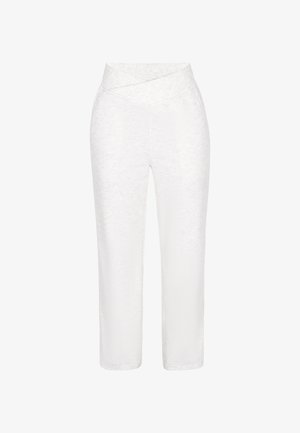 Bílé zkrácené kalhoty s texturovaným povrchem. Mají široký, překrytý pas a rovný střih nohavic. Žádné viditelné vzory ani akcenty.