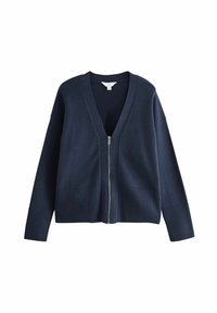 Cardigan zip-up blu navy con scollatura a V, polsini e bordo a coste. Realizzato in materiale morbido con una superficie leggermente testurizzata e vestibilità rilassata.