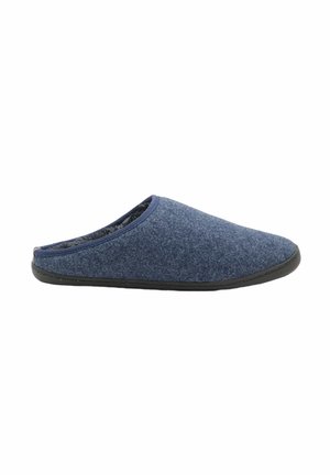 Heren blauwe instapslippers met een zachte stoffen bovenkant, zwarte zool en een pluche binnenvoering, ontworpen voor comfort binnenshuis.