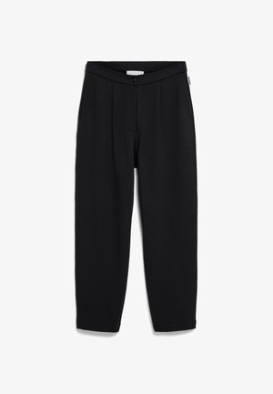 Zwarte broek van zacht materiaal, met knoopsluiting, plooi-details en zijzakken. Rechte pijpen met een ontspannen pasvorm.