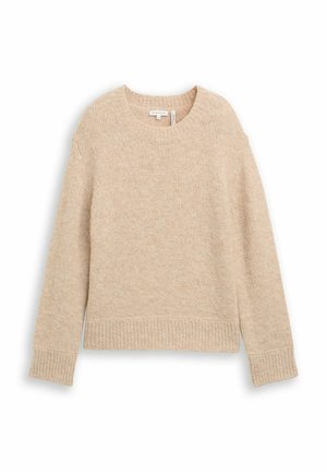 Beiger Wollpullover mit langen Ärmeln, rundem Ausschnitt und gerippten Bündchen sowie Saum. Weiche Textur und bequeme Passform. Keine Muster oder Grafiken.