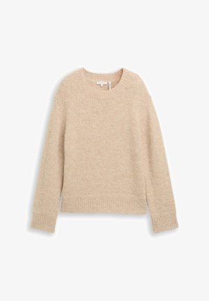 Maglione in lana beige con maniche lunghe, collo rotondo e polsini e orlo a costine. Texture morbida e vestibilità rilassata. Senza fantasie né grafiche.