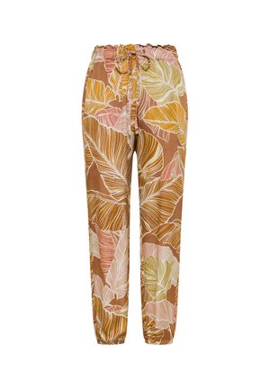 Pantalones de corte holgado con cintura elástica y puños, con un estampado de hojas tropicales en tonos marrón, naranja, rosa y crema.
