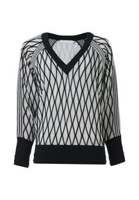 Schwarz-weißer Strickpullover mit einem Diamantmuster, V-Ausschnitt und Dreiviertelärmeln. Strukturiertes Material und gerippte Bündchen sowie Saum.