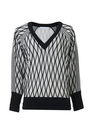Zwart-witte gebreide trui met een diamanten patroon, V-hals en driekwartmouwen. Getextureerde stof met ribgebreide manchetten en zoom.