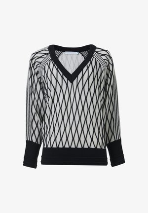 Pull en tricot noir et blanc avec un motif en losanges, col en V et manches trois-quarts. Tissu texturé avec des poignets et un ourlet côtelés.