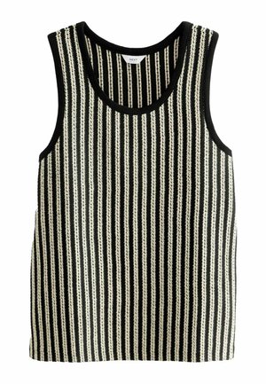 Top a canottiera a strisce bianche e nere con scollatura tonda e design senza maniche. La trama presenta linee verticali alternate spesse e sottili.