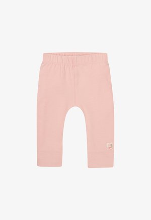 Helle rosa Baumwollleggings mit einer weichen Textur, einem elastischen Bund und einem kleinen Logo-Patch nahe dem Saum. Sie zeichnen sich durch ein schlichtes, eng anliegendes Design aus.
