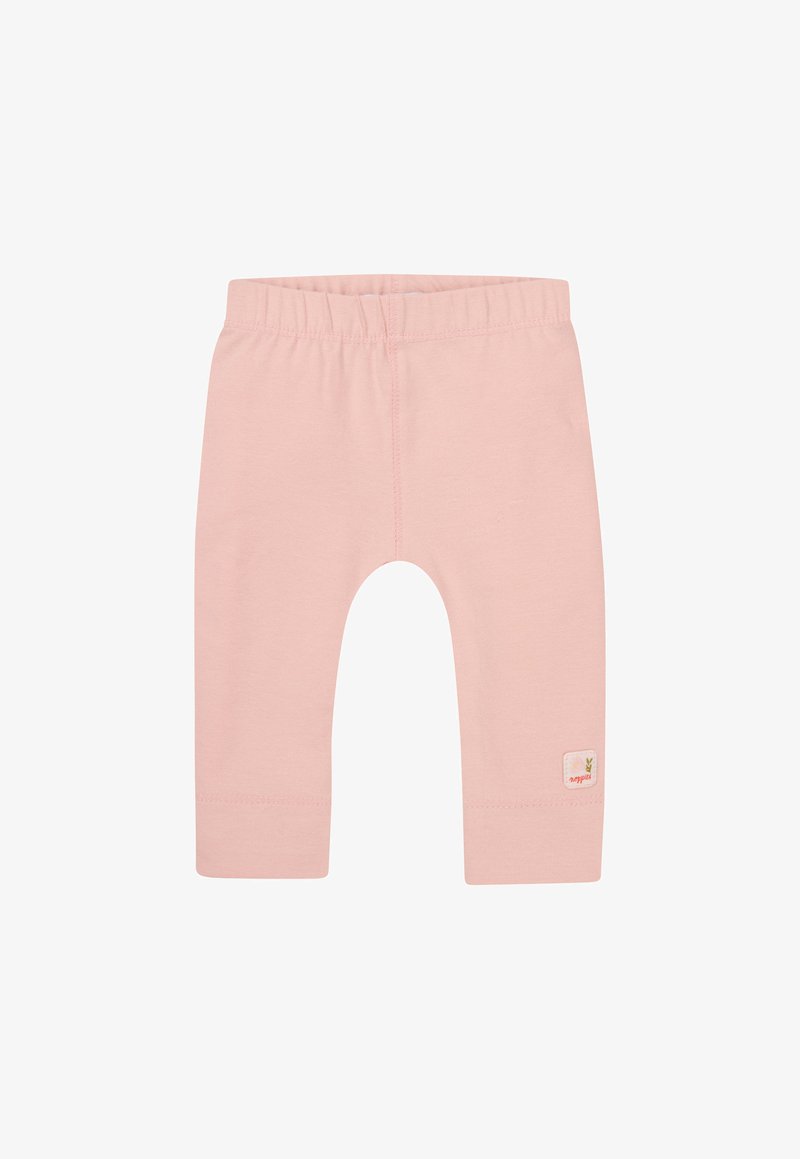 Leggings en coton rose clair avec une texture douce, une taille élastique et un petit patch logo près de l'ourlet. Présente un design simple et ajusté.