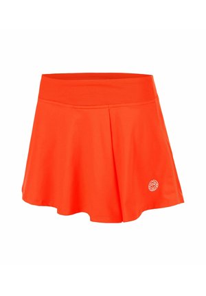 Fel oranje atletische rok met brede elastische tailleband en klein wit rond logo vlak bij de zoom aan de rechterkant.