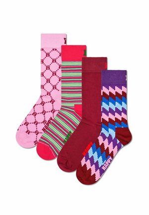 Four colorful patterned socks in pink with bears, red with green and pink stripes, solid burgundy, and purple with blue and pink zigzag designs.