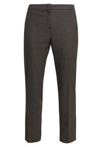 Pantalons marron à motifs avec un tissu texturé, présentant une coupe droite, une taille et sans poches ni fermetures visibles.