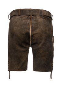 Hnědé sukové tradiční kožené šortky s poutky na opasek, předním zavazováním, boční kapsou a šněrovacími detaily u lemu nohavic.