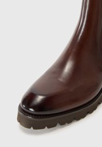 Bottine en cuir marron avec une finition brillante, bout pointu et semelle en caoutchouc robuste. Inclut des détails de couture le long du bord.