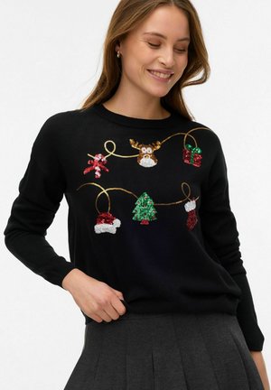 Black knitted sweater featuring sequined holiday motifs: a reindeer, candy cane, Christmas tree, Santa hat, and gift, with gold thread accents.