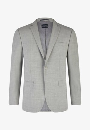 Hellgrauer Blazer mit feiner Textur, Ein-Knopf-Verschluss, Reverskragen und Brusttasche. Gefüttertes Innenfutter mit Markenlabel.
