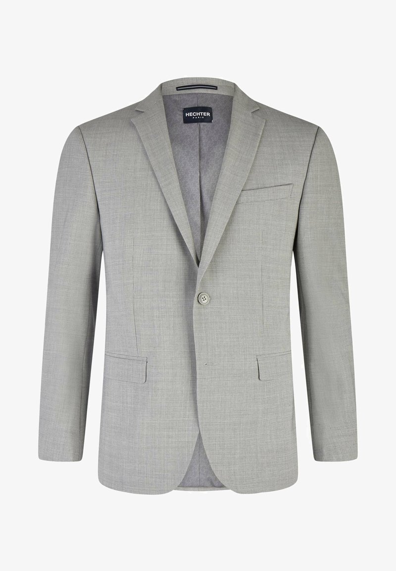 Jasnoszary żakiet o subtelnej teksturze, zapinany na pojedynczy guzik, z klapami i kieszenią na piersi. Podszewka z metką marki.