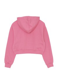 Hoodie rosa corto con maniche lunghe e cappuccio, visibile dal retro su uno sfondo bianco.