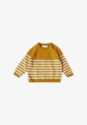 Maglione giallo a maglia con strisce orizzontali bianche. Presenta un collo rotondo e tre bottoni sulla spalla sinistra. Tessuto morbido.