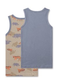Zwei ärmellose Baumwoll-Top-Tops; eines in einheitlichem Hellblau, das andere beige mit Tiermustern in Orange, Grau und Braun. Glatte Textur.