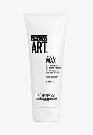 Tubo bianco di gel modellante L'Oréal Tecni Art Fix Max, etichettato per tenuta extra. Presenta testo nero e un tappo a scatto.