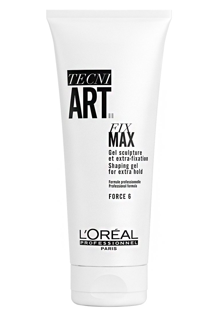 Witte tube van L'Oréal Tecni Art Fix Max vormgevende gel, gemarkeerd voor extra hold. Bevat zwarte tekst en een flip-topdeksel.