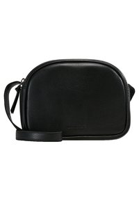 Borsa a tracolla in pelle nera con forma rettangolare arrotondata, chiusura a zip, tracolla regolabile e discreta stampa del marchio sul frontale.