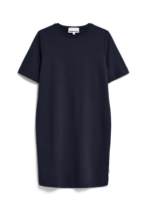 Abito blu navy a maniche corte realizzato in morbido cotone, con scollatura rotonda e taglio dritto, senza fantasie né embellishments.