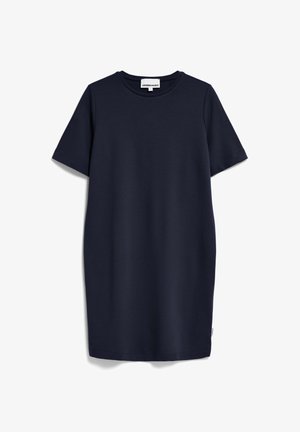 Navyblaues kurzärmeliges Kleid aus glattem Baumwollstoff, mit Rundhalsausschnitt und geradem Schnitt ohne Muster oder Verzierungen.