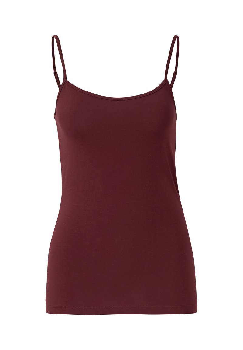 Top de tirantes burdeos en tela suave, con tirantes finos ajustables y un corte entallado, con un dobladillo recto.