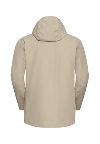 Veste imperméable beige avec capuche, texture lisse et manches longues. Présente une coupe droite et un design minimaliste, sans matériel visible.