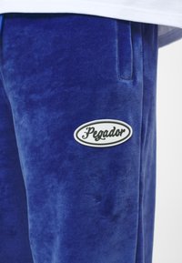 Sametové modré tepláky s bílou oválnou nášivkou s textem "Pegador". Obsahují boční kapsy a mají hladkou texturu.