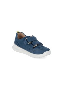 Marineblaue Leder-Sneaker mit zwei Klettverschlüssen, runder Zehenpartie und durchbrochenen Akzenten. Mit einer weißen Gummisohle und einer grünen Fersenschlaufe.