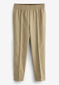 Khaki tapered broek met een elastische tailleband. Gemaakt van een gestructureerde stof met een subtiel gespikkeld patroon en met omslag aan de onderkant.