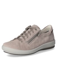 Gray suede sneaker with textured surface, round toe, and laces. Features a side zipper and a flexible rubber outsole.