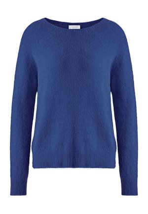 Pull bleu à manches longues, col rond, texture en maille douce, avec poignets et ourlet côtelés, présenté de face sur fond blanc.