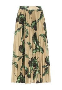 Gonna midi plissettata in tessuto beige con grande stampa di foglie tropicali verdi. Presenta una vita elasticizzata e una silhouette fluida.