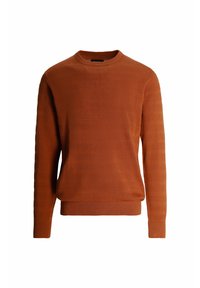 Sweter w przypalonym pomarańczowym kolorze, z fakturowanym splotem i poziomymi paskami, z okrągłym dekoltem oraz ściągaczami przy mankietach i u dołu.