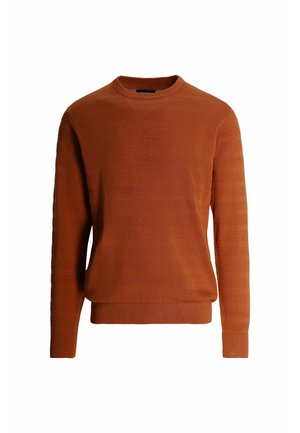 Sweter w przypalonym pomarańczowym kolorze, z fakturowanym splotem i poziomymi paskami, z okrągłym dekoltem oraz ściągaczami przy mankietach i u dołu.