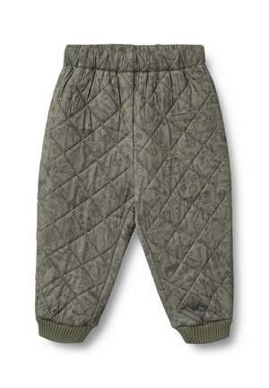 Quiltede, olivengrønne bukser med elastisk talje og ribbede manchetter. Har et mønstret design med forskellige illustrerede motiver overalt.