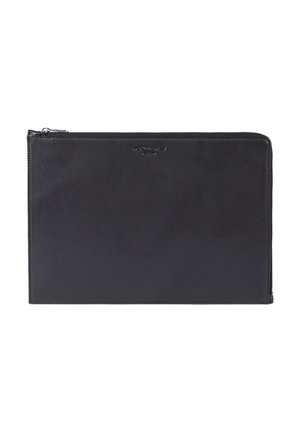 Black leather zippered pouch with minimalist design, smooth texture, and small embossed brand logo centered near the top edge.