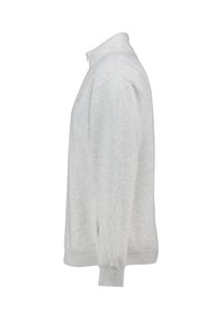 Light gray sweatshirt with a high collar, ribbed cuffs, and hem. Made of soft material, features a small logo on the chest.