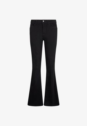 Jeans neri a palazzo realizzati in denim con una texture liscia. Presentano una chiusura frontale con bottone, passanti per cintura e due tasche anteriori.