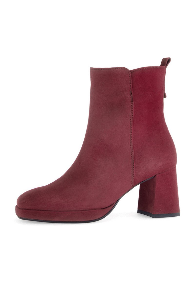 Burgundy suede ankle boots with a block heel, rounded toe, and minimal stitching details. Features a pull tab for easy wear.