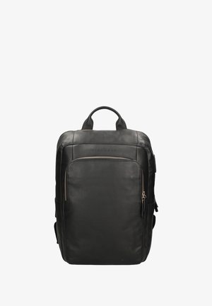Zaino nero in pelle con una texture liscia, tasca frontale con zip, tasche laterali e maniglia superiore. Design minimalista con un branding discreto.