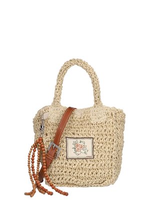 Small beige crocheted handbag with two handles, leather strap, wooden bead tassels, and a floral patch on the front.