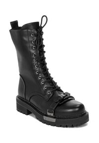 Czarne skórzane buty bojowe z okrągłym noskiem, masywną podeszwą i bocznym zapięciem. Charakteryzują się gładką teksturą i solidną konstrukcją.
