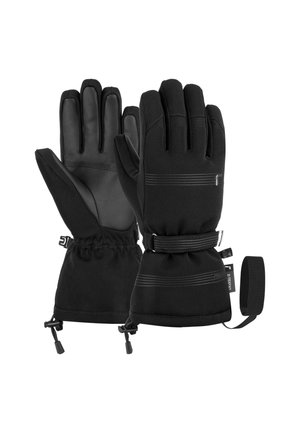 Black gloves with a textured leather palm and soft fabric upper. Elastic wrist closure and adjustable strap, featuring reflective lines.