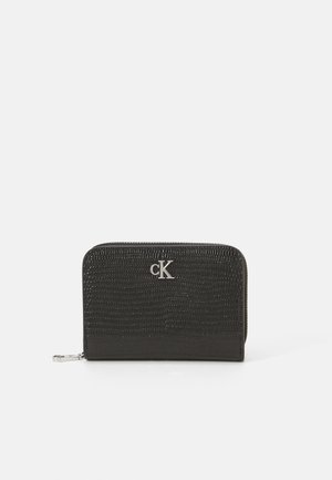 Black synthetic wallet with a textured crocodile pattern. Features a silver logo and zip closure. Rectangular shape with rounded edges.